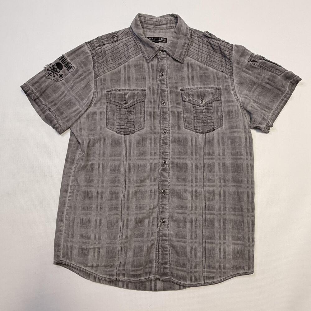 Affliction Shirt Mens Medium Gray Plaid Skull Patch Short Sleeve Button Up
